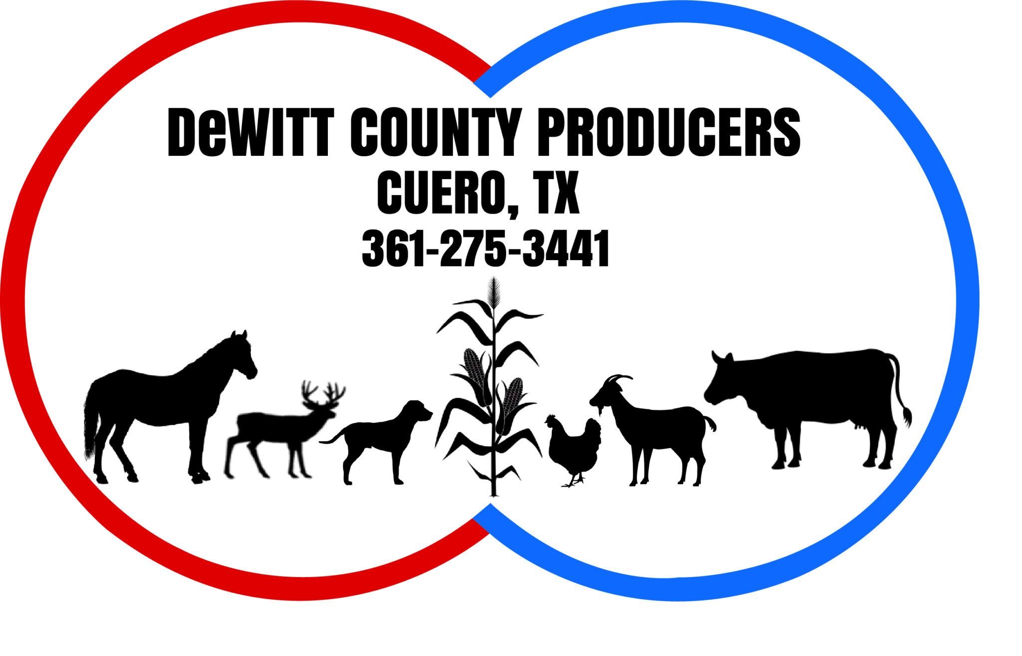 Intersecting red and blue circles on a black background with faint outlines of a deer and plants.